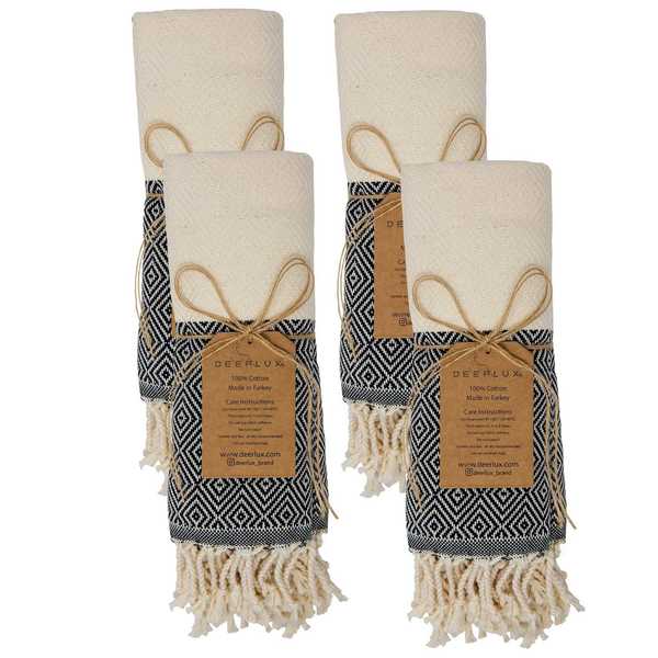 Deerlux 100% Cotton Turkish Hand Towels, 18 x 40 Diamond Peshtemal Kitchen and Bath Towels, Black, PK 4 QI004005.BK.4